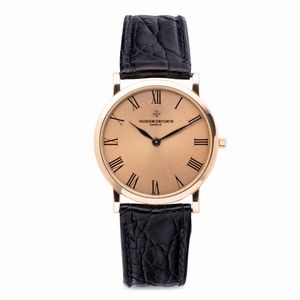 Vacheron & Constantin - Elegante Patrimony ultrapiatto in oro rosa quadrante rosa con numeri Romani laccati neri, lancette a foglia e carica manuale