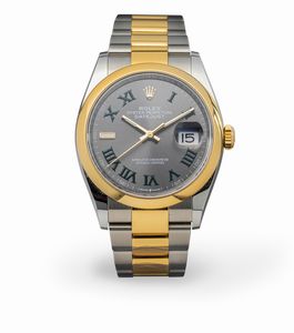 ROLEX - Datejust Wimbledon, ref 126203, in acciaio e oro giallo 18k con quadrante ardesia e numeri Romani verdi, bracciale Oyster bicolore