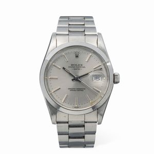 ROLEX - Elegante Date ref 15000 in acciaio, movimento automatico, quadrante grigio Gunmetal con indici a bastone, garanzia