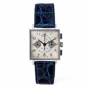 Baume & Mercier - Raro Chrono Gabus di forma quadrata due contatori con scala tachimetrica, tasti quadri, quadrante Argent con numeri Arabi, carica manuale