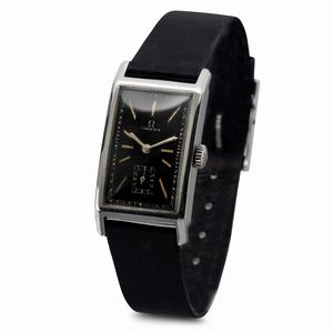 OMEGA : Raro Tank Curvex in acciaio Staybrite, quadrante nero lucido con indici luminescenti al radio e piccoli secondi al sei, carica manuale  - Asta Orologi da Polso e da Tasca - Associazione Nazionale - Case d'Asta italiane