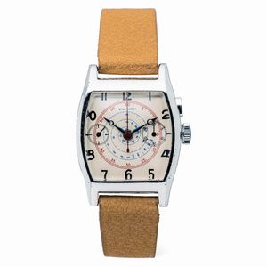 EMAS - Raro e ricercato chrono monopulsante Tortue due contatori con cassa in metallo cromato, movimento a botte manuale e quadrante Argent con numeri Arabi neri