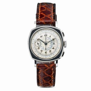 MOVADO - Raro e prestigioso chronografo di forma a Cuscino con carica manuale, quadrante bianco e scala tachimetrica con numeri Breguet applicati, sferino del contatore dei minuti a serpentina
