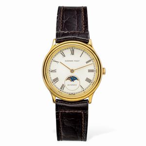 AUDEMARS PIGUET - Raro ed elegante orologio in oro giallo 18k con lunetta sbalzata e quadrante in smalto bianco e numeri Romani, finestrella per la lettura delle fasi lunari e sfere in oro