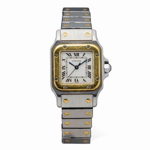CARTIER - Iconico Santos Lady acciaio e oro movimento automatico, quadrante bianco con numeri Romani e minuteria a Chemin de Fer, lancette brunite e Cabochon sulla corona completo di scatola e garanzia