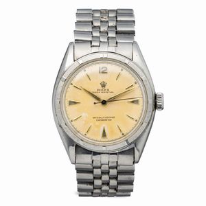 ROLEX - Sportivo e versatile Oyster Perpetual ref 6085 in acciaio inossidabile, quadrante fan con indici triangolari e a bastone, sfere Gladio, bracciale Jubilee