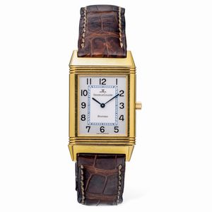 Jaeger-LeCoultre - Classico ed iconico Reverso Classique in oro giallo 18k quadrante Argent bitonale con numeri Arabi, cinturino in pelle con chiusura deployante, accompagnato da scatola e garanzia