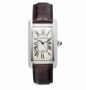 CARTIER - Elegante ed iconico Tank Americaine ref 1741 in oro bianco 18k, quadrante Argent numeri Romani e minuteria Chemin de Fer, datario al sei, carica automatica