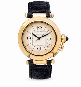 CARTIER - Classico Pash in oro giallo 18k, quadrante argentato Gren numeri Arabi, secondi centrali e lancette a foglia, movimento automatico con datario