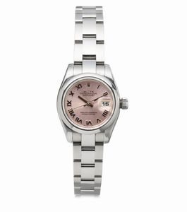 ROLEX - Sportivo e fine Lady Datejust ref 179160 in acciaio, quadrante rosa con numeri Romani, ghiera bombata bracciale Oyster accompagnato da scatole e garanzia