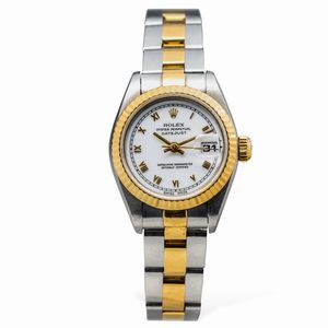 ROLEX - Elegante Lady Datejust ref 69173 automatico in acciaio e oro con ghiera zigrinata e quadrante bianco numeri Romani, vetro zaffiro, bracciale Oyster