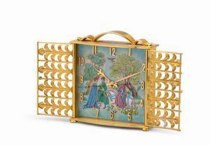 IMHOF - Pendoletta in ottone dorato, carica manuale 8 giorni, quadrante a smalti con rappresentata scena di personaggi