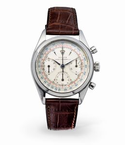 ROLEX - Sorprendente e ricercato Pre Daytona ref 6234 in acciaio a carica manuale con cronografo a tre contatori, tasti a pompa, quadrante Argent Gren e con scala tachimetrica blu e telemetrica rossa<BR>