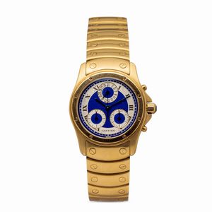 CARTIER - Particolare Santos Chrono Ronde in oro giallo 18k con quadrante blu, tre contatori e numeri Romani con movimento al quarzo