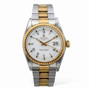ROLEX - Classico Oyster Perpetual ref 1505 in acciaio e oro giallo movimento automatico, quadrante bianco con indici applicati e numeri Romani, corona zigrinata e datario