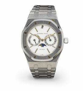 AUDEMARS PIGUET - Sportivo ed elegante Royal Oak Day-Date con fasi lunari, automatico quadrante bianco petit Tapisserie con indici a bastone, completo di scatola e garanzia