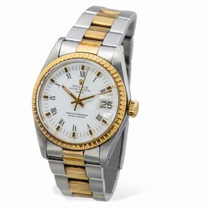 ROLEX : Classico Oyster Perpetual ref 1505 in acciaio e oro giallo movimento automatico, quadrante bianco con indici applicati e numeri Romani, corona zigrinata e datario  - Asta Orologi da Polso e da Tasca - Associazione Nazionale - Case d'Asta italiane