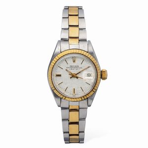 ROLEX - Elegante Lady Date ref 6917, acciaio e oro, ghiera zigrinata, quadrante effetto Lino, bracciale Oyster