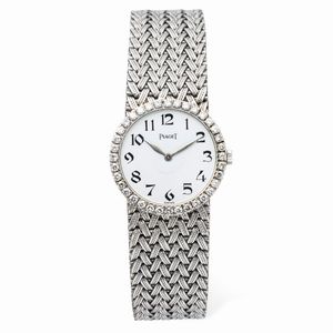 Piaget - Raffinato orologio in oro bianco 18k con bracciale a maglia intrecciata integrato, ghiera in diamanti, quadrante bianco con numeri Dec dipinti e lancette a foglia