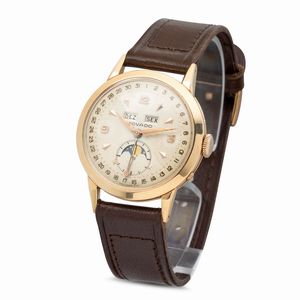 MOVADO : Orologio in oro giallo con triplo calendario con fasi lunari, quadrante Argent con indici applicati e carica manuale  - Asta Orologi da Polso e da Tasca - Associazione Nazionale - Case d'Asta italiane