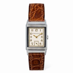 Jaeger-LeCoultre - Elegante e raro Reverso anni '30 in acciaio, quadrante bianco con numeri Dec dorati e minuteria Chemin de Fer, secondi in basso carica manuale