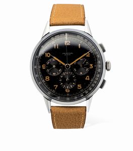 Universal Genève - Raro ed affascinante cronografo Compax fuori misura in acciaio, quadrante laccato nero con numeri Arabi al radio, anni '40