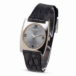 LONGINES : Raffinato orologio da polso Tonneau a carica manuale in oro giallo rodiato in oro bianco, quadrante grigio ardesia e numeri Romani<BR>  - Asta Orologi da Polso e da Tasca - Associazione Nazionale - Case d'Asta italiane