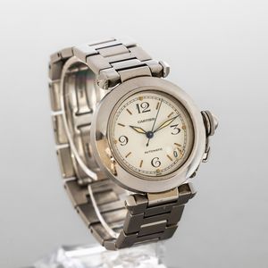 CARTIER : Pash in acciaio automatico, quadrante bianco numeri Arabi con datario, sfere luminescenti chiusura a scomparsa  - Asta Orologi da Polso e da Tasca - Associazione Nazionale - Case d'Asta italiane