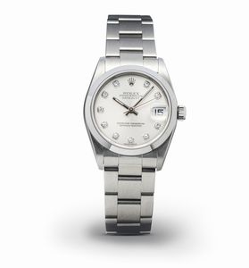 ROLEX - Fine ed elegante Datejust in acciaio con ghiera liscia, quadrante Argent con indici delle ore in brillanti, misura media, accompagnato da scatola e garanzia