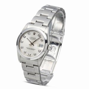 ROLEX : Fine ed elegante Datejust in acciaio con ghiera liscia, quadrante Argent con indici delle ore in brillanti, misura media, accompagnato da scatola e garanzia  - Asta Orologi da Polso e da Tasca - Associazione Nazionale - Case d'Asta italiane