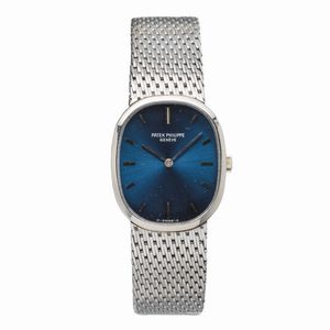 PATEK PHILIPPE - Elegante Ellipse in oro bianco 18k con bracciale integrato a maglia intrecciata, quadrante blu soleil Sigma, movimento automatico con punzone di Ginevra