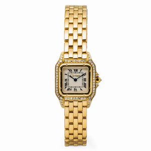 CARTIER - Panthre Lady raffinato ed elegante orologio in oro giallo 18k, quadrante bianco con brillanti finemente incastonati su carrure ed anse