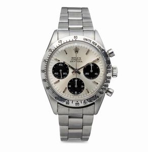 ROLEX - Iconico e affascinante Cosmograph Daytona ref 6239 in acciaio inossidabile con ghiera tachimetrica e tasti a pompa, quadrante Argent con registri neri