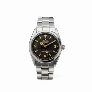 ROLEX - Raro Oyster Perpetual quadrante Explorer ref 5500 in acciaio con movimento automatico e massa oscillante a farfalla, quadrante nero opaco virato