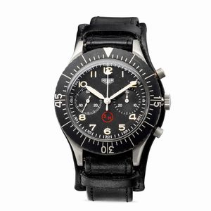 HEUER - Raro ed imponente cronografo militare Bundeswehr 3H con cassa in acciaio monoblocco, quadrante nero con indici e sfere luminescenti, fondello assegnato per le forze aeree Tedesche