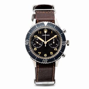 LEONIDAS - Raro cronografo militare CP-2 con ritorno in volo non assegnato, cassa in acciaio con fondello clamshell avvitato, ghiera in alluminio, quadrante nero con numeri Arabi al trizio