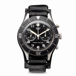 HEUER - Raro ed importante Bund Sterneitz Reguliert in acciaio, cronografo con ritorno in volo due contatori, quadrante nero lucido con numeri Arabi luminosi e cinturino in pelle originale