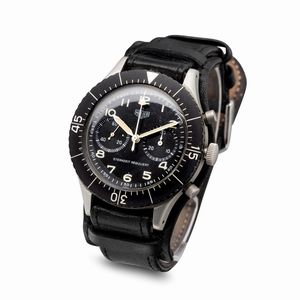 HEUER : Raro ed importante Bund Sterneitz Reguliert in acciaio, cronografo con ritorno in volo due contatori, quadrante nero lucido con numeri Arabi luminosi e cinturino in pelle originale  - Asta Orologi da Polso e da Tasca - Associazione Nazionale - Case d'Asta italiane