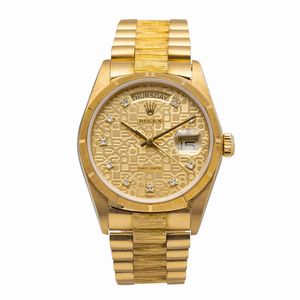 ROLEX - Prestigioso Day Date President Bark in oro giallo 18k, quadrante champagne Computer Dial con indici delle ore in brillanti