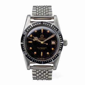 TITUS - Sportivo e raro Diver Calypsomatic in acciaio con fondello a vite, quadrante nero laccato indici luminescenti al radio, datario Roulette e ghiera girevole nera