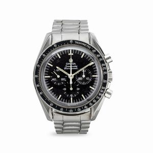 OMEGA - Iconico e sportivo Speedmaster Professional ref 145.022 cronografo con cassa in acciaio inossidabile e anse elicoidale e ghiera metallica tachimetrica, quadrante nero con indici al trizio