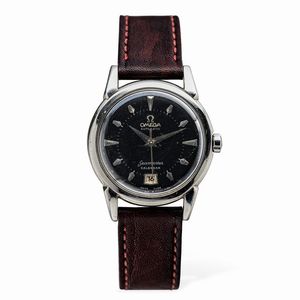 OMEGA - Raro Seamaster in acciaio Staybrite, con fondo a vite, anse a ragno, quadrante nero lucido grafica Argento e indici applicati, finestrella del calendario ad ore sei