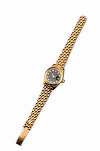 ROLEX : Elegante Deatejust Lady ref 69178 in oro giallo 18k con quadrante nero con indici brillanti e bracciale President con chiusura a scomparsa, accompagnato da scatola e garanzia  - Asta Orologi da Polso e da Tasca - Associazione Nazionale - Case d'Asta italiane
