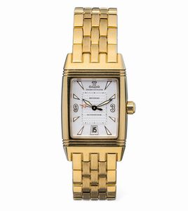 Jaeger-LeCoultre - Prestigioso Reverso Grand Sport in oro giallo 18k con bracciale, movimento automatico con datario al sei, quadrante bianco con lavorazione Tapisserie al centro