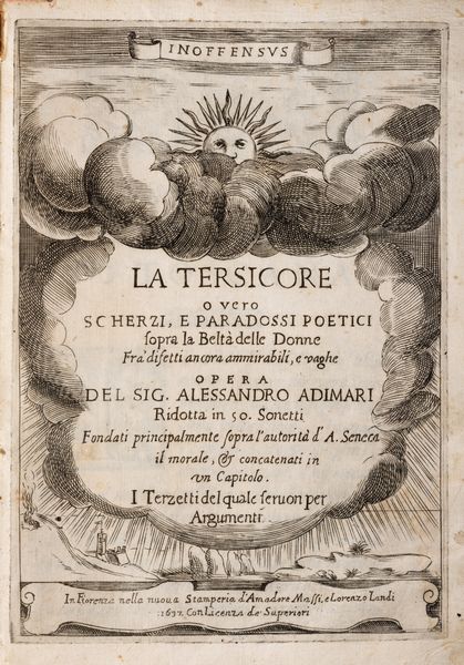 Alessandro  Adimari : La Tersicore o vero scherzi, paradossi poetici. Opera ridotta in cinquanta sonetti...  - Asta Libri, Autografi e Stampe - Associazione Nazionale - Case d'Asta italiane