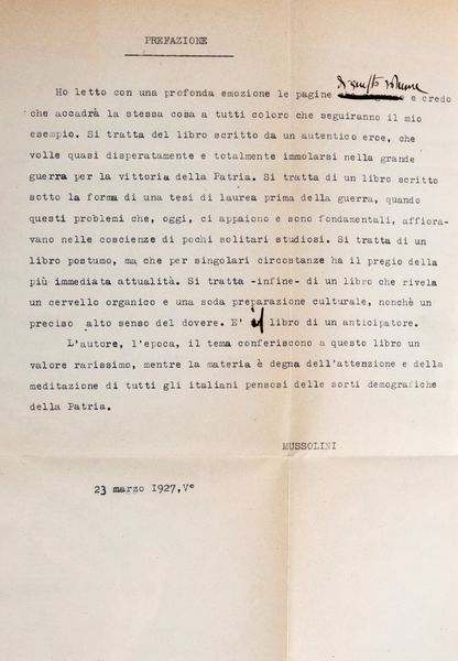 Mussolini, Benito, : La lotta contro il celibato  - Asta Libri, Autografi e Stampe - Associazione Nazionale - Case d'Asta italiane