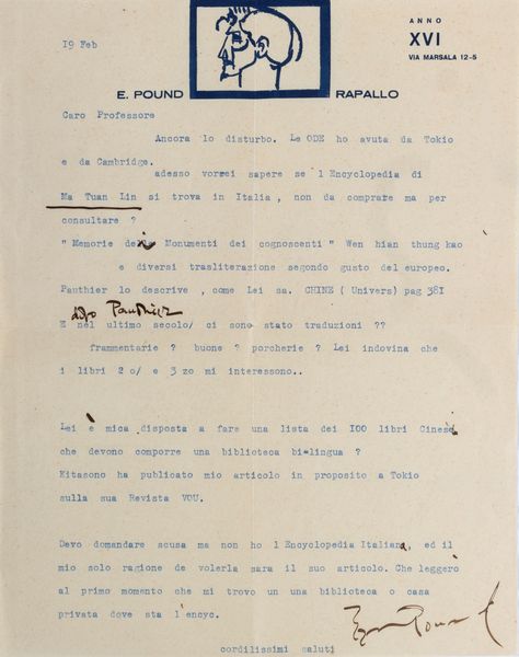 Ezra Pound : Lettera dattiloscritta su carta intesta con correzioni a mano e firma autografa  - Asta Libri, Autografi e Stampe - Associazione Nazionale - Case d'Asta italiane