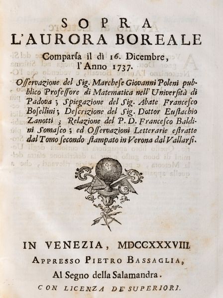 EUSEBIO SGUARIO : Dissertazione sopra le aurore boreali  - Asta Libri, Autografi e Stampe - Associazione Nazionale - Case d'Asta italiane
