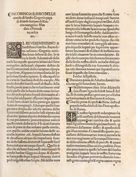 Gregorio I, papa : Il Libro delle Omelie di Sancto Gregorio Papa di diuerse lectioni del Sancto Euangelio: mandate a Fecondino Uescouo  - Asta Libri, Autografi e Stampe - Associazione Nazionale - Case d'Asta italiane