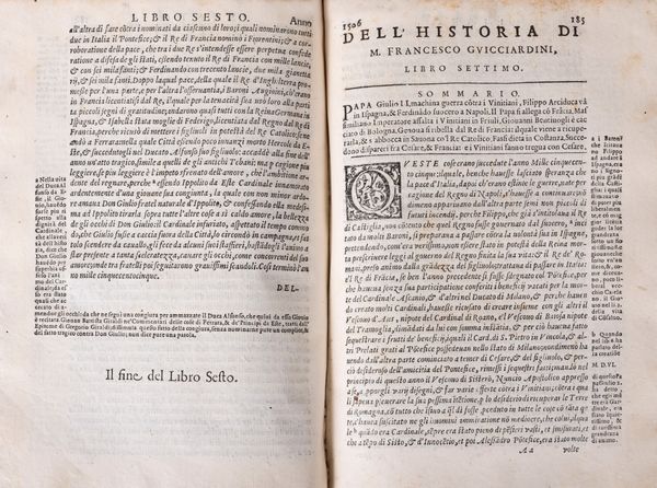 Guicciardini, Francesco : La historia dItalia Divisa in Venti libri. Riscontrata con tutti gli altri Historici, & Auttori, che dell'istesse cose habbiano scritto per Thomaso Porcacchi da Castiglione Arretino. Con un Giudicio fatto dal medesimo, per discoprir tutte le bellezze di questa Historia: & una Raccolta di tutte le Sententie sparse per l'Opera. Et con due Tavole: una degli Auttori citati in margine; & l'altra delle cose notabili. Aggiuntavi la Vita dell'Auttore, scritta da M. Remigio Fiorentino  - Asta Libri, Autografi e Stampe - Associazione Nazionale - Case d'Asta italiane